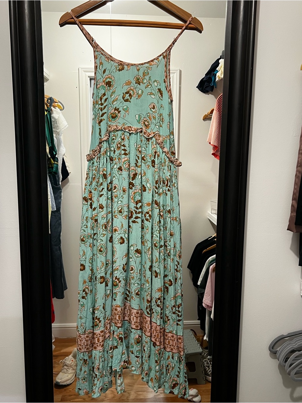 Flowy Mint Floral Maxi Dress with Pink Trim